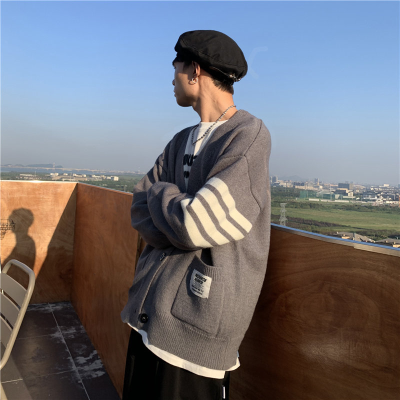 港风秋冬款男针织开衫条纹贴标V领毛衣百搭单排扣外套M031,男装针织衫/毛衣,星座1013-1