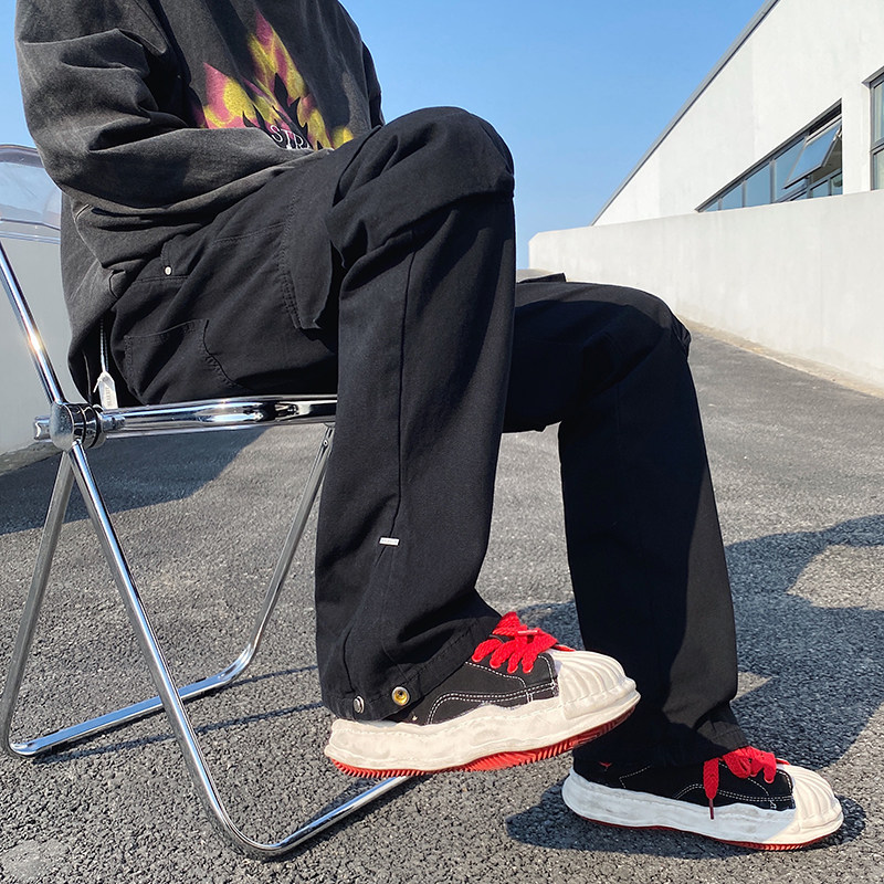 港风夏款男裤工装大口袋侧边开叉按扣宽松直筒长裤h858P45,男装休闲裤,星座1013-1