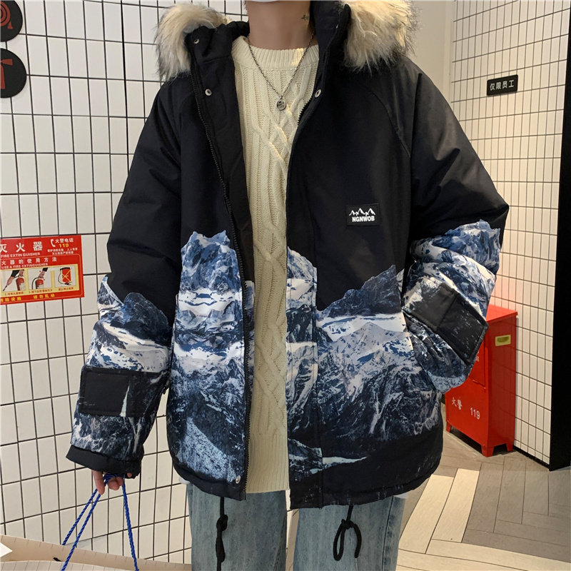 冬款男棉衣山脉扎染连帽毛领纯棉加绒加厚保暖棉袄外套Y6532图片