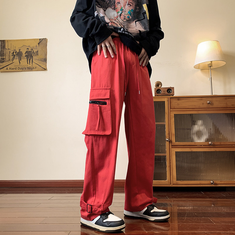 港风秋款男裤工装大口袋织带拉链直筒长裤h760图片