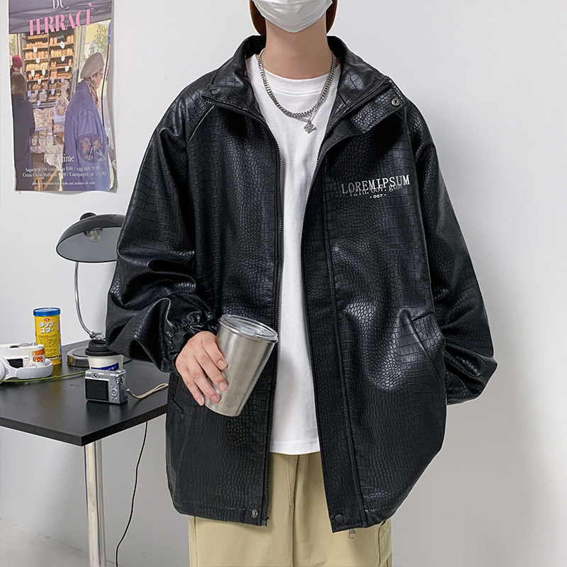 港风秋款男皮夹克蛇皮字母印花机车皮衣外套J,男装皮衣,星座1013-1