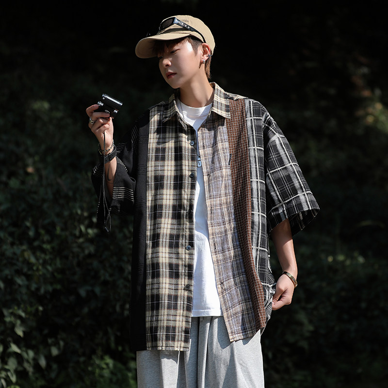 高品质夏款男短袖衬衫格子条纹拼色衬衣外套CS4512P40,男装衬衫,星座1013-1