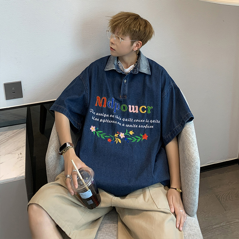 高品质夏款男短袖牛仔POLO衫字母鲜花刺绣潮T恤衫T5003P50,男装T恤,星座1013-1