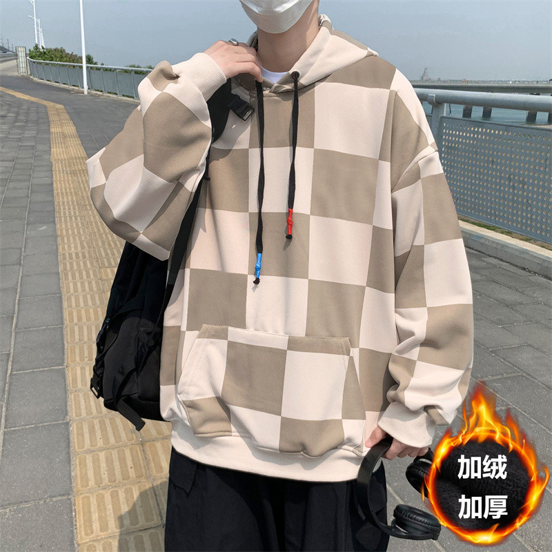 加绒加厚冬款男休闲套头卫衣连帽卫衣棋盘格拼接外套wy09,男装卫衣,星座1013-1