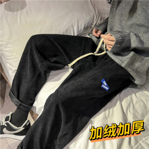 港风冬款男裤灯芯绒加绒加厚按扣字母贴标直筒九分裤h370图片