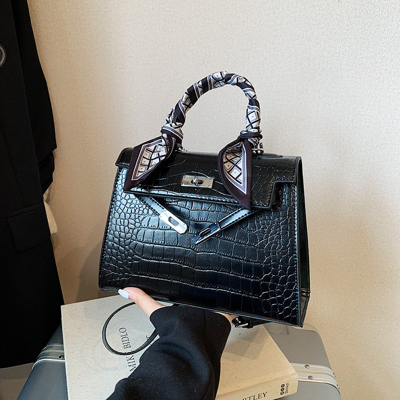 质感鳄鱼纹包包欧美潮包时尚凯莉包丝巾手提包气质斜挎包新款女包