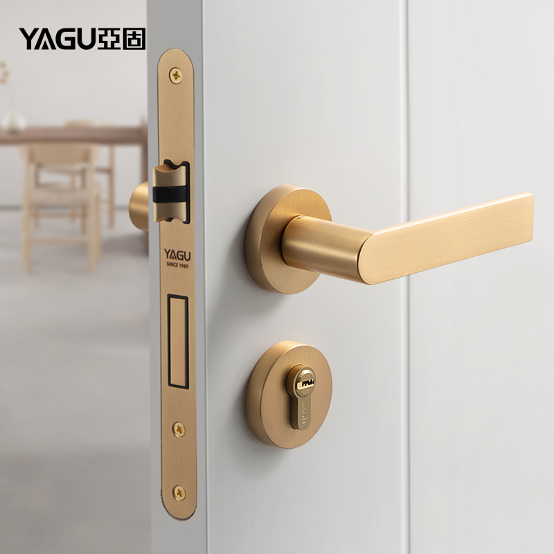 亚固门锁淡金北欧室内房门锁卧室磁吸门把手静音极简后现代门锁