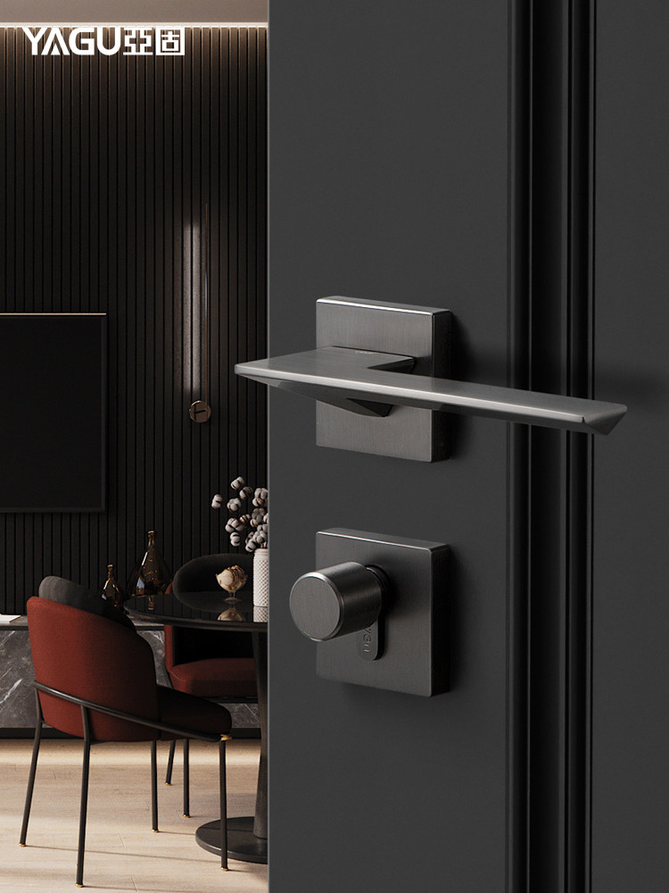 雅古北欧风格门锁室内卧室无声磁现代简单实木门锁黑色钢拉丝门锁