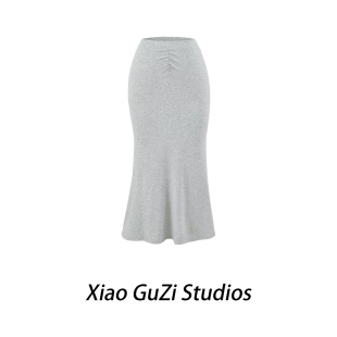 小谷姿春夏新款 抽皱鱼尾半身裙丰臀性感弹力纯欲过膝长裙女 博主款