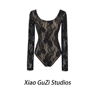 大圆领水溶花浮雕双圆领套指蕾丝连体衣修身 收腰显瘦欧美风打底衫