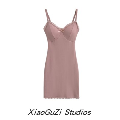 欧美吊带裙人棉纯色带胸垫