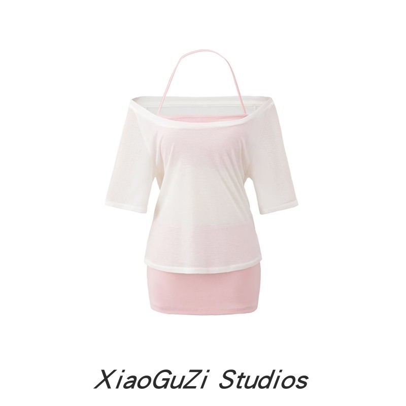 大U领微透中袖罩衫挂脖弹力高腰短款带胸垫吊带包臀半身裙三件套