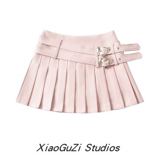 小谷姿少女双腰带纯欲粉色爱心扣辣妹防走光百褶半身裙俏皮学院风