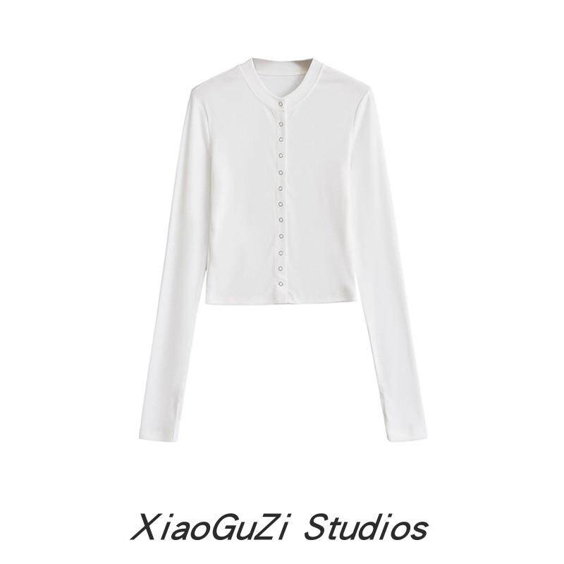 小谷姿秋季圆领长袖修身弹力针织衫前排扣高腰紧身显瘦打底衫上衣