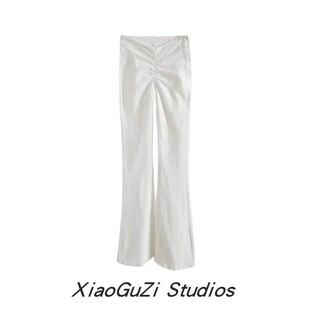 小谷姿欧美风v字腰褶皱侧拉链设计低腰毛边牛仔裤弹力紧身微喇裤