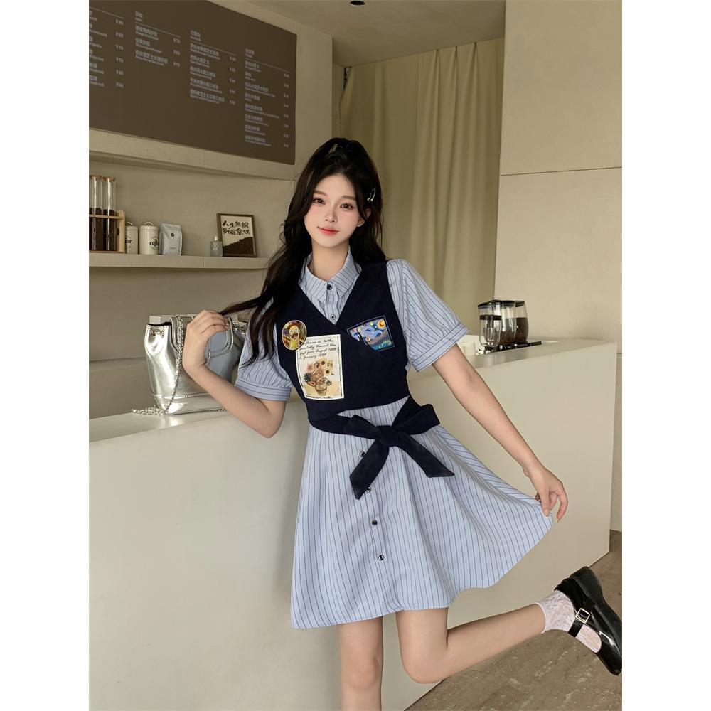 女实拍美式学院两件套衬衫连衣裙夏季设计感系带显瘦条纹a字裙子