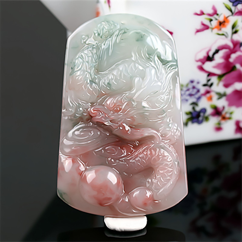 收藏级 桂林鸡血玉龙牌吊坠三彩粉色贵妃料正品广西天然玉石挂件