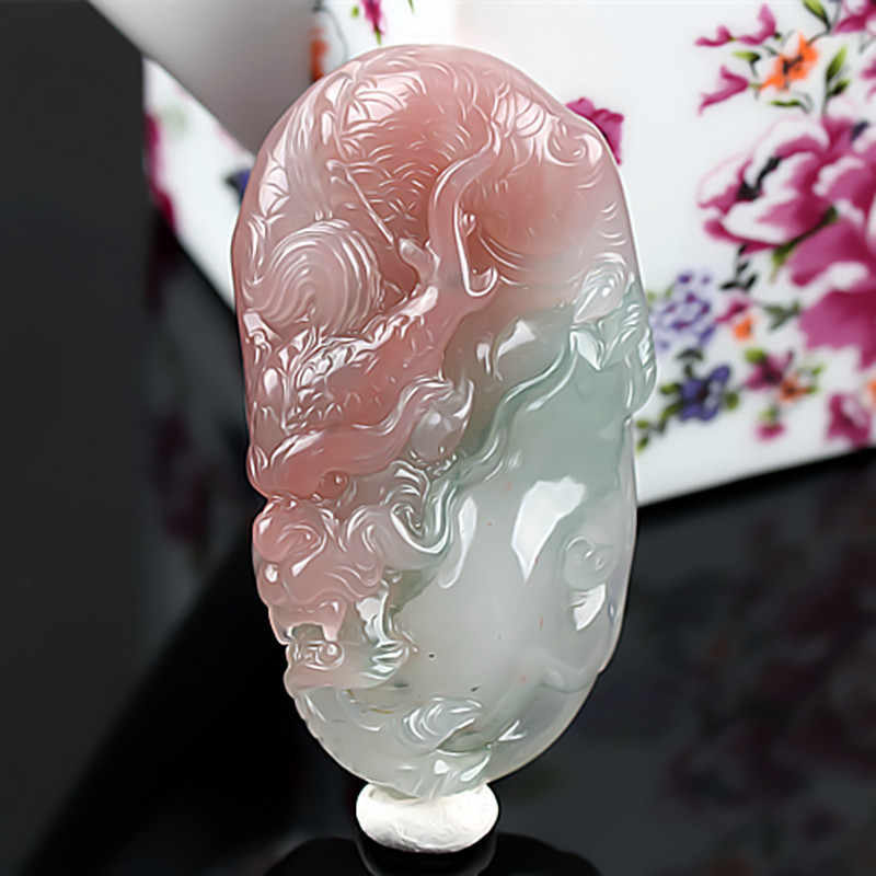 收藏级 桂林鸡血玉龙牌吊坠冰种三彩粉色贵妃料正品天然玉石挂件