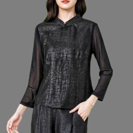 【100%桑蚕丝香云纱立领打底衫】100%桑蚕丝拼蛋白网纱舒适dz025