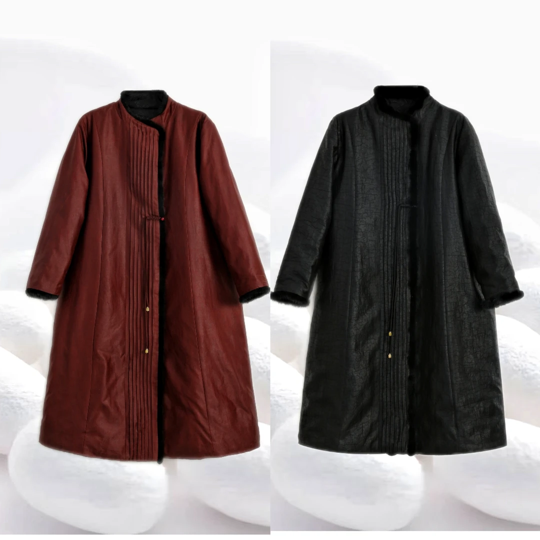 【水貂领龟纹鹅绒服】100%桑蚕丝香云纱黑龟红云龟90白鹅绒dz220