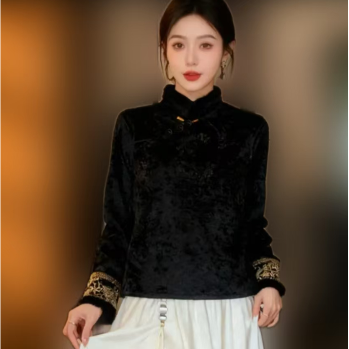 【新中式丝绒盘扣上衣】冬款新款复古重工织金刺绣国风加绒dz349