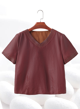 【明线V领短袖T】龟裂纹香云纱100桑蚕丝红油皮套头T恤上衣dz051