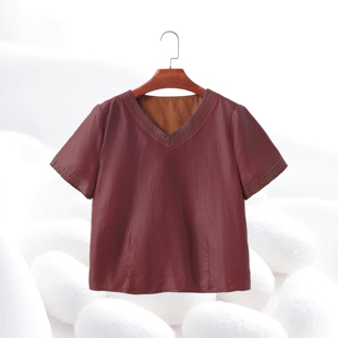 【明线V领短袖T】龟裂纹香云纱100桑蚕丝红油皮套头T恤上衣dz051