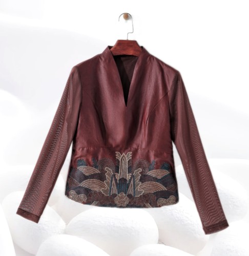 【山崖海水刺绣龟裂纹打底衫】100%桑蚕丝香云纱长袖V领上衣dz201