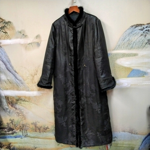 100%桑蚕丝长棉服dz019 真水貂领香云纱提花长袖 老重缎棉大衣