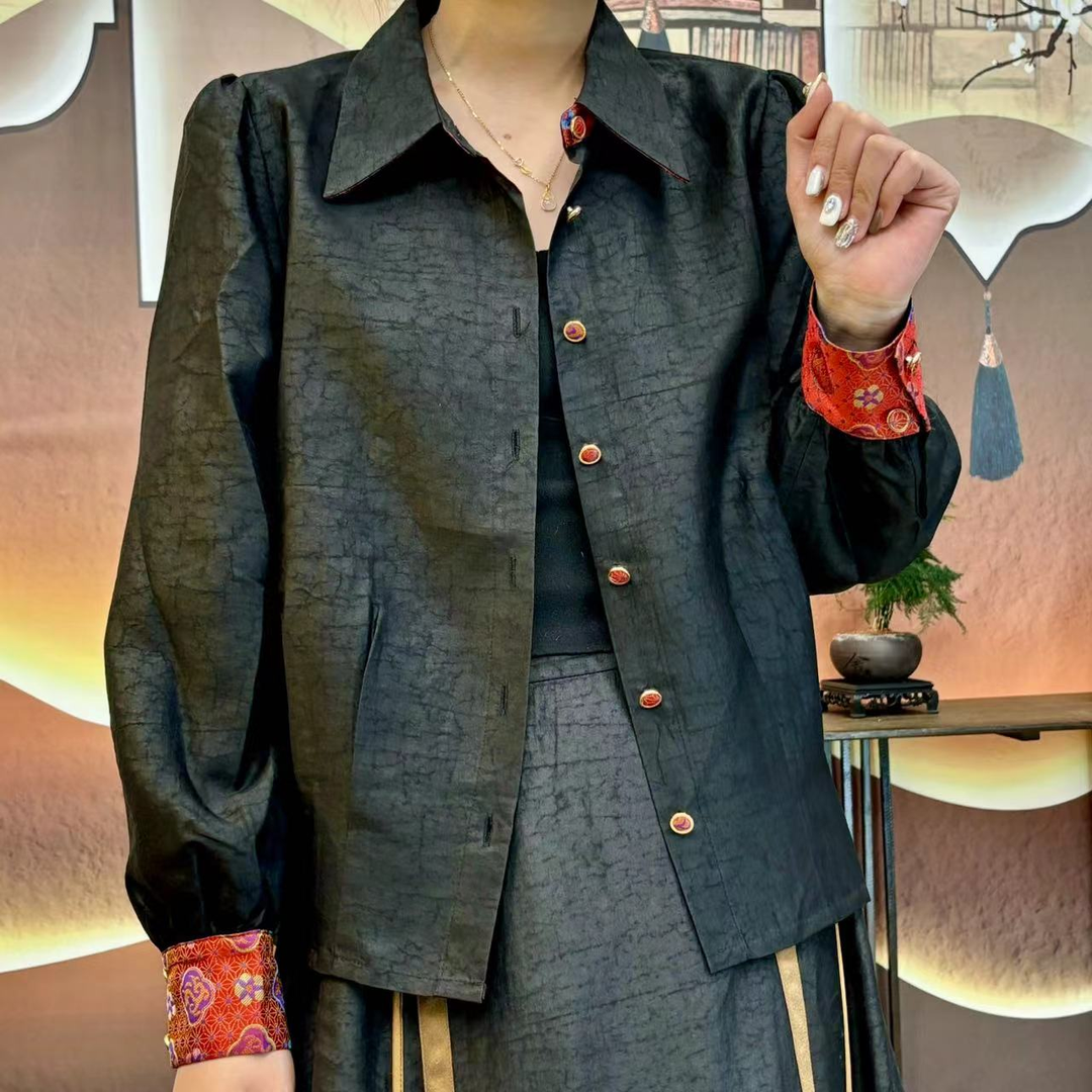 100%桑蚕丝长袖龟裂纹香云纱宋锦