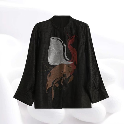 【100%桑蚕丝龟纹凤凰于飞开衫】香云纱龟裂纹外套重工刺绣dz339