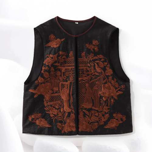 【100%桑蚕丝蓬莱仙境刺绣龟纹马甲】香云纱老料圆领马甲dz307