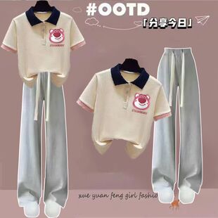女大童洋气韩版套装夏季学生中大童polo领宽松短袖阔腿裤子两件套