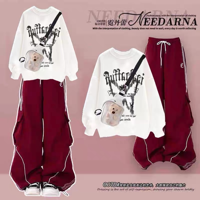 运动少女套装秋季初中学生衣服大童学院风卫衣女工装裤穿搭两件套