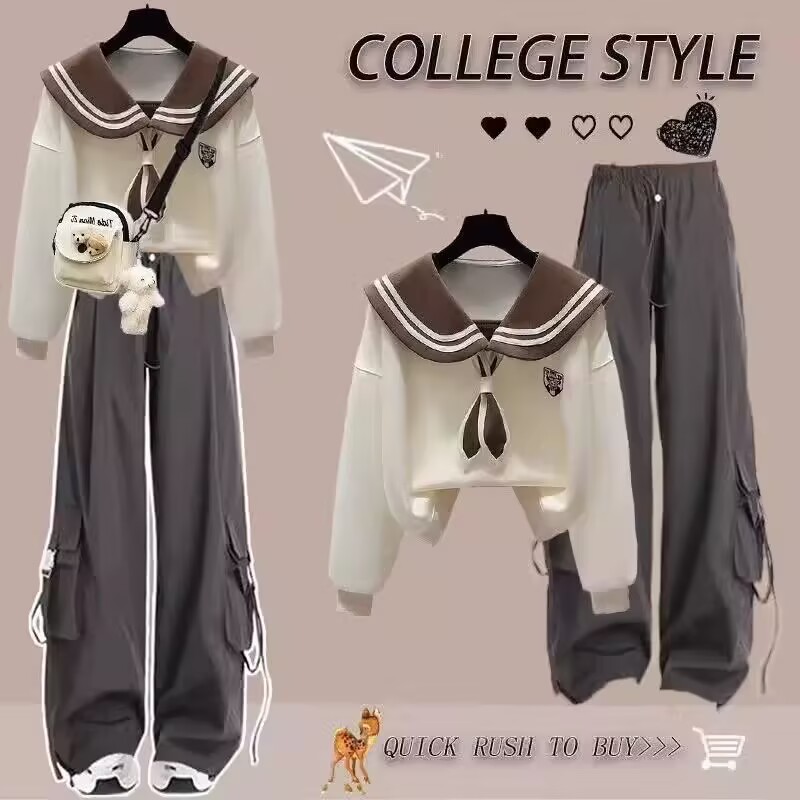 女大童海军领长袖卫衣工装裤套装