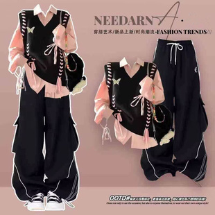 秋季一整套学院风ootd穿搭高级感针织马甲秋季酷飒大童工装裤套装
