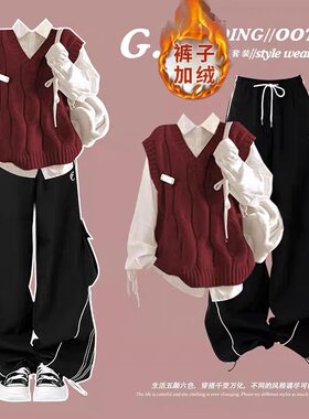 女童新年穿搭马年本命年衣服大童红色炸街时尚冬装加绒工装裤套装