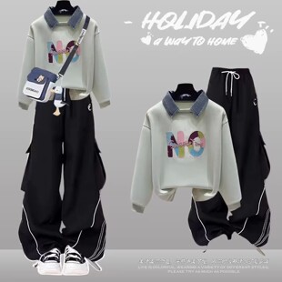 初中生秋季polo领卫衣女大童穿搭一整套青少年高中生工装裤两件套