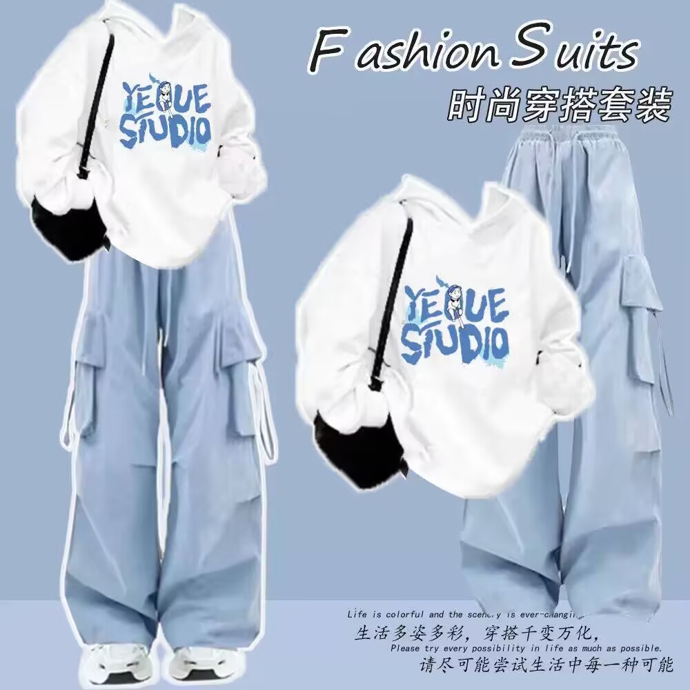 初中少女宽松连帽卫衣套装学生衣服搭配秋季女孩工装裤大童两件套