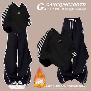 12到13一15岁大童女装秋冬加绒加厚卫衣套装初中学生工装裤两件套