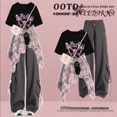 裤 女童2026春秋夏季 印花T恤工装 时髦复古百搭格子衬衫 三件套 套装