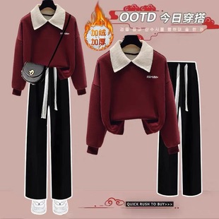 秋冬季中大童新年红色圣诞战袍套装宽松卫衣女加绒阔腿裤两件套潮