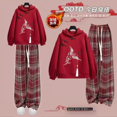 秋冬装过年搭配一整套女大童中高学生国风拜年加绒卫衣休闲裤套装