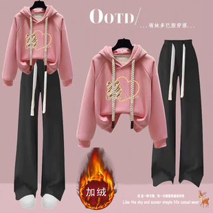 秋冬加绒运动套装少女韩系初中学生宽松连帽卫衣中大童休闲阔腿裤