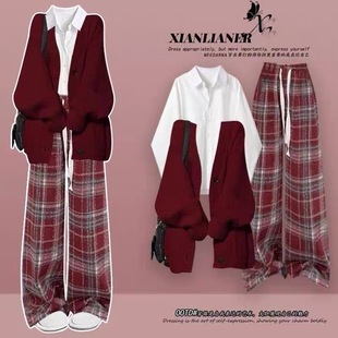 秋冬季中大童红色圣诞战袍套装针织开衫宽松加绒格子阔腿裤三件套