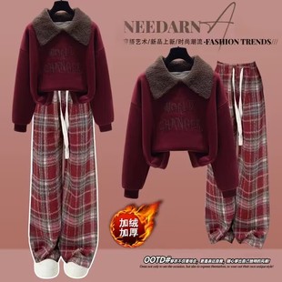 红色卫衣初中学生少女大童加绒翻领卫衣本命年跨年时尚一整套冬季