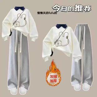 初中少女加绒加厚polo卫衣套装学生衣服搭配秋冬季女孩中大童冬装