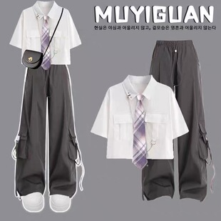 夏日小清新初中学生青春活力套装大童衬衫宽松工装裤两件套韩版潮