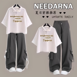 学院风少女装短款t恤女孩夏季套装中大童polo领宽松短袖两件套潮