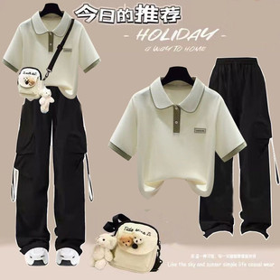 中学生夏装女洋气POLO衫短袖女孩两件套初中大童夏季套装女韩版潮